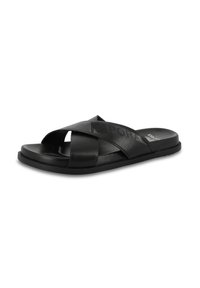 Black slide sandals featuring crossed straps, made from smooth synthetic material. Flat sole with embossed brand name detail.