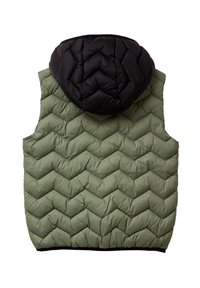 Gilet imbottito con motivo a zigzag in verde oliva e cappuccio nero. Presenta una superficie testurizzata e design senza maniche.