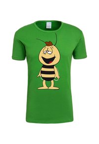 Green cotton t-shirt featuring a cartoon bee character with a round yellow body, black stripes, a smiling mouth, and a brown tuft of hair.