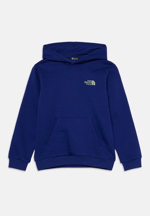 Sweat à capuche bleu avec poche avant et logo The North Face vert clair sur la poitrine sur fond blanc.
