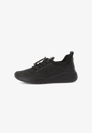 Black athletic shoes with a textured mesh upper, elastic laces, and a molded rubber sole featuring grooved detailing.