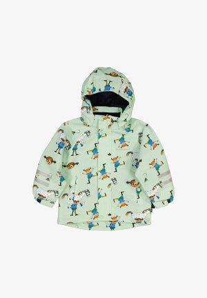 Veste imperméable vert menthe avec des imprimés de personnages ludiques. Dotée d'une capuche et d'accents réfléchissants. Associée à un pantalon sombre et des gants.