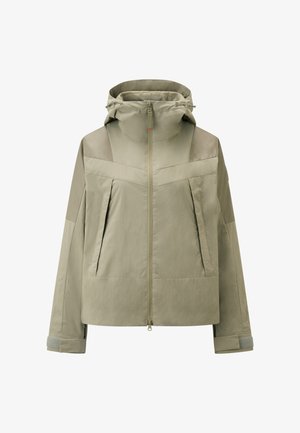 Light olive green jacket with a zip front, hood, and side pockets. Features a textured finish and elastic cuffs for a secure fit.