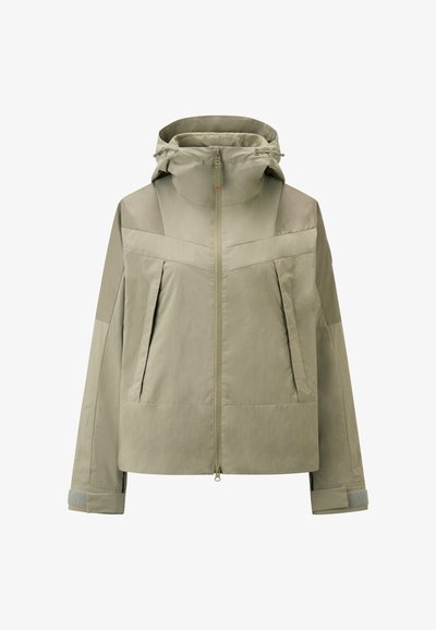 Light olive green jacket with a zip front, hood, and side pockets. Features a textured finish and elastic cuffs for a secure fit.