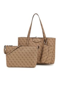 Bolso tote de lona marrón con dos asas, que presenta un patrón de logo en relieve. Incluye un estuche con cremallera a juego con una correa desmontable.