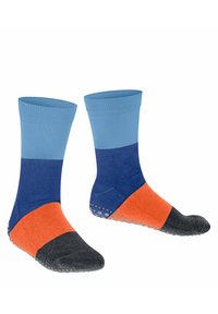 Calzini colorati con punta e tallone grigio scuro testurizzati, sezione centrale arancione e parte superiore blu, caratterizzati da un polsino a coste e una suola grip punteggiata.