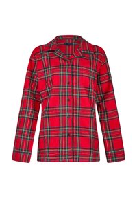 Chemise à carreaux rouge avec des rayures noires et vertes, manches longues, col et fermeture à boutons sur le devant. Comprend une petite poche sur la poitrine.