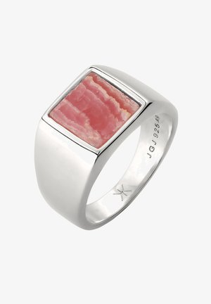 Silberner Ring mit einem quadratischen rosa Achatstein, der wellenförmige Muster aufweist. Das Band ist glatt, und der Stein ist in einen polierten Silberrahmen eingefasst.