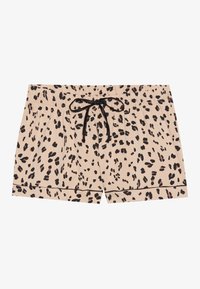 Leopardprint shorts in een beige kleur met een zwarte trekkoord. Voorzien van een elastische tailleband en een zoom met zwarte accenten.