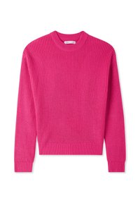 Fuksjowy sweter z dzianiny o prążkowanej teksturze, z okrągłym dekoltem i długimi rękawami. Podkreślony na mankietach i u dołu dla dopasowanego wyglądu.