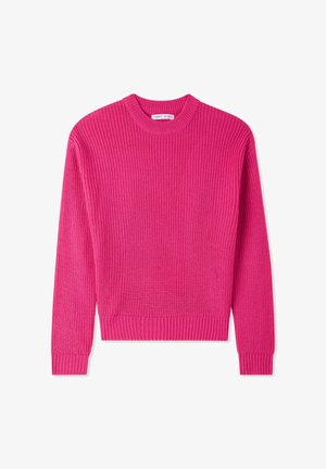 Maglione jersey fucsia con texture a coste, scollatura a girocollo e maniche lunghe. Accentuato ai polsini e all'orlo per un look aderente.