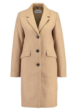 Beige wollen jas met een geknopt kraag, zes zwarte knopen, twee achterzakken en een gestructureerde afwerking met lange mouwen.