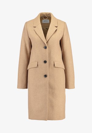 Beige wollen jas met een geknopt kraag, zes zwarte knopen, twee achterzakken en een gestructureerde afwerking met lange mouwen.