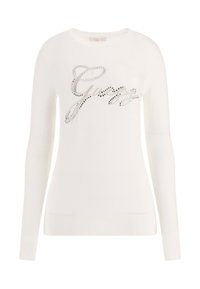 Maglione bianco a maniche lunghe con bordo e polsini a costine, decorato con strass argentati che formano il nome del brand "Guess."