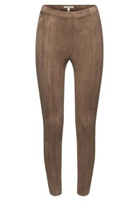 Leggings in finta pelle scamosciata marrone, con un design aderente, una texture liscia e dettagli in cucitura lungo il davanti per un'aggiunta di dimensione.
