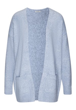 Light blue knitted cardigan with a loose fit, open front, two front pockets, and ribbed cuffs and hem. Soft texture and casual design.