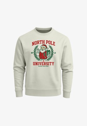 Hellgraues Sweatshirt mit festlichem Motiv von Weihnachtsmann und dem Text "NORTH POLE UNIVERSITY" in Rot und Grün. Weiche Textur, gerippte Bündchen.