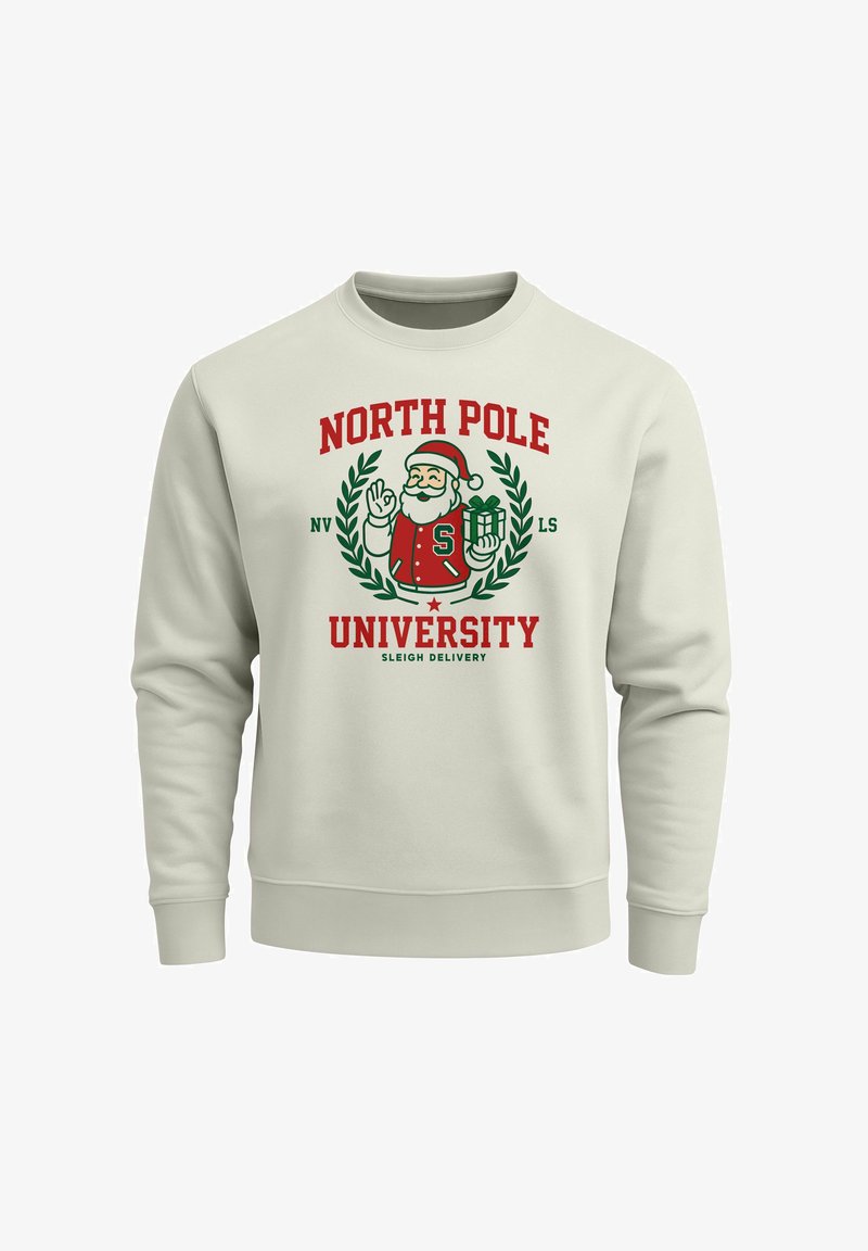 Light gray sweatshirt featuring a festive graphic of Santa Claus and "NORTH POLE UNIVERSITY" text in red and green. Soft texture, ribbed cuffs.