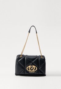 Black leather handbag with quilted design, gold chain strap, and prominent gold logo on front. Compact rectangular shape.