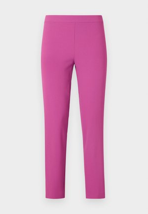 Fitted, high-waisted pants in vibrant pink, made of smooth, stretchy fabric. Ankle-length cut with no visible pockets or fastenings.