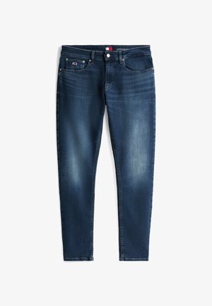 Dark blue denim jeans with a slim fit. Features include five pockets, a zip fly, and subtle fading along the thighs for a worn look.