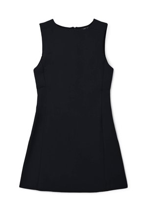 Schwarzes ärmelloses Kleid mit rundem Halsausschnitt, figurbetontem Oberteil und weit schwingendem Rock. Verfügt über einen verdeckten Reißverschluss auf der Rückseite und eine glatte Textur.