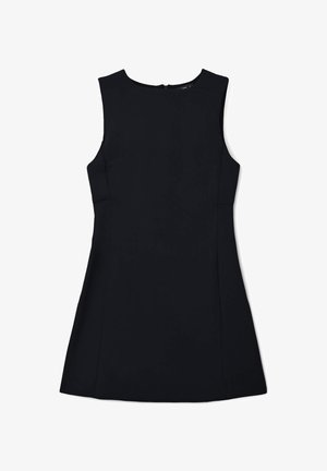 Schwarzes ärmelloses Kleid mit rundem Halsausschnitt, figurbetontem Oberteil und weit schwingendem Rock. Verfügt über einen verdeckten Reißverschluss auf der Rückseite und eine glatte Textur.