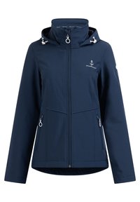 Marinblå softshell-jacka med dragkedja fram, justerbar huva, två sidofickor och ankarlogotyp på bröstet. Slät textur.