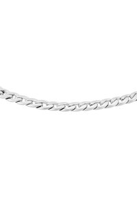 Sølvmetallkjede med runde lenker med polert overflate, som veksler i størrelse og skaper en jevn tekstur og fleksibel design.