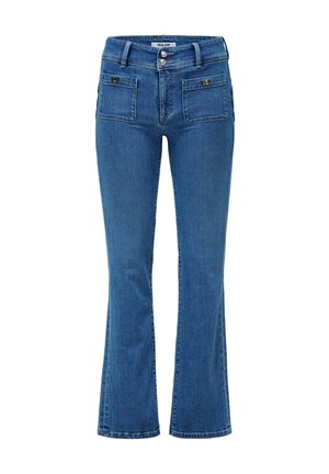 Jeans a zampa d'elefante in un lavaggio blu medio, con chiusura a bottone, cinque tasche e dettagli di cucitura discreti in tutto il capo.