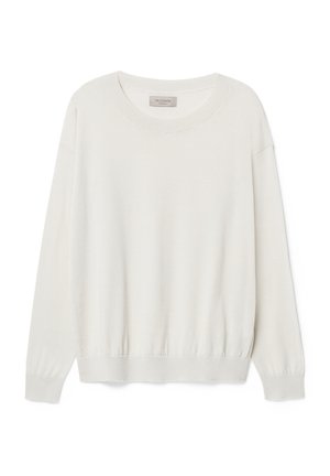 Helle beige Strickjacke aus weichem Strickstoff. Sie verfügt über einen runden Ausschnitt, schulterlange Ärmel und einen elastischen Saum für eine lockere Passform.