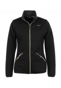 Veste matelassée noire avec fermeture éclair à l'avant, col montant, et deux poches latérales zippées avec accents dorés. Texture douce et design structuré.