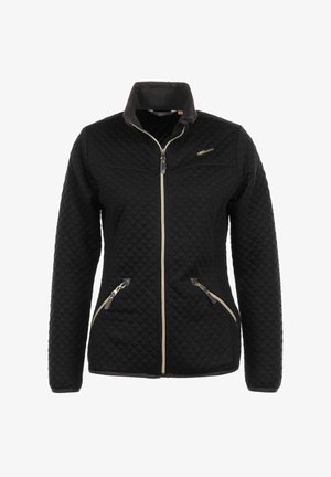 Veste matelassée noire avec fermeture éclair à l'avant, col montant, et deux poches latérales zippées avec accents dorés. Texture douce et design structuré.