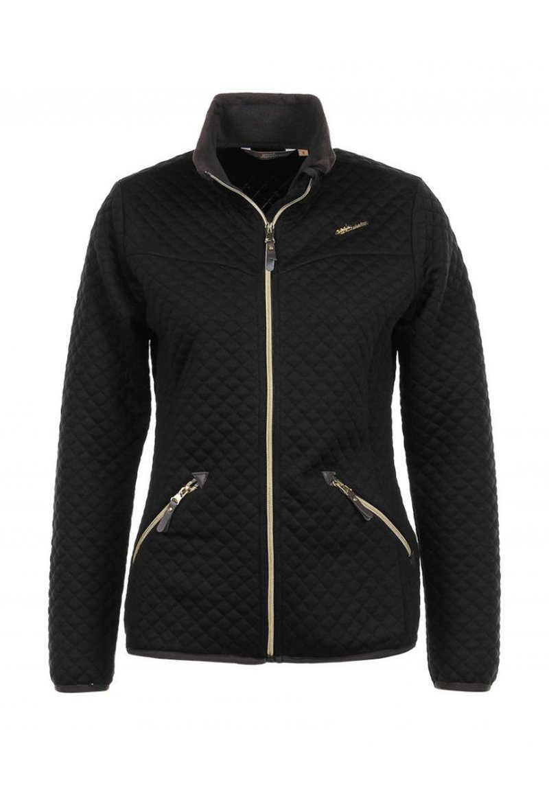 Veste matelassée noire avec fermeture éclair à l'avant, col montant, et deux poches latérales zippées avec accents dorés. Texture douce et design structuré.