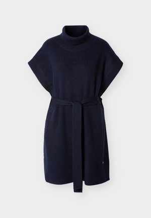 Robe poncho tricotée bleu marine avec un col montant, des manches courtes et une ceinture assortie. Présente une texture côtelée et une coupe décontractée.
