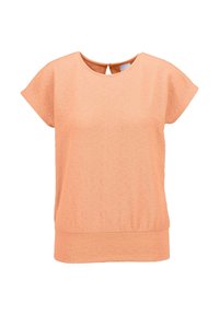 Pfirsichfarbige, kurzärmelige Bluse mit rundem Ausschnitt und Schlüssellochknopfverschluss im Rücken.