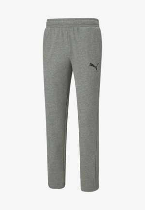 Pantaloni della tuta grigi con vita elastica, tasche laterali e logo nero Puma sulla coscia sinistra, mostrati su uno sfondo bianco.
