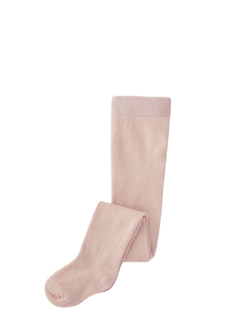 Collants en tricot rose clair avec une texture douce et une taille lisse. Les collants présentent un design côtelé et une coupe ajustée.