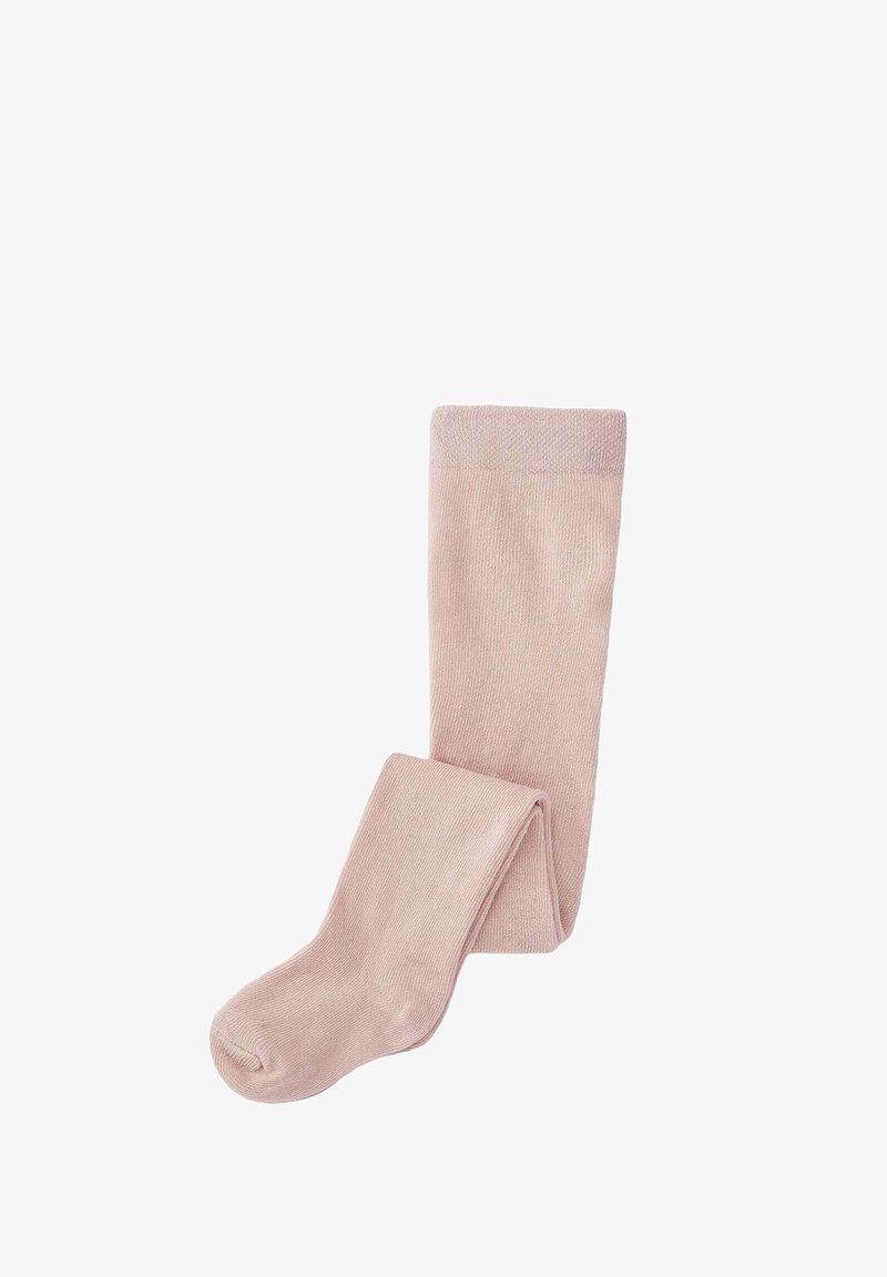 Collants en tricot rose clair avec une texture douce et une taille lisse. Les collants présentent un design côtelé et une coupe ajustée.