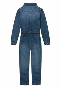 Džínový overal s dlouhým rukávem, se zapínáním na knoflíky na manžetách, elastickým pasem a skladem na zadní straně, zobrazený zploštěle zezadu.