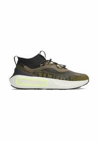 Athletic shoe featuring a black knitted upper, green and yellow striped design, a white midsole with neon accents, and a textured sole.