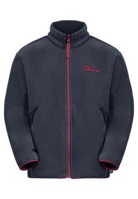 Dunkelgraue Fleecejacke mit hohem Kragen, durchgehendem Reißverschluss, bordeauxroten Akzenten und einem kleinen Logo auf der oberen linken Seite.