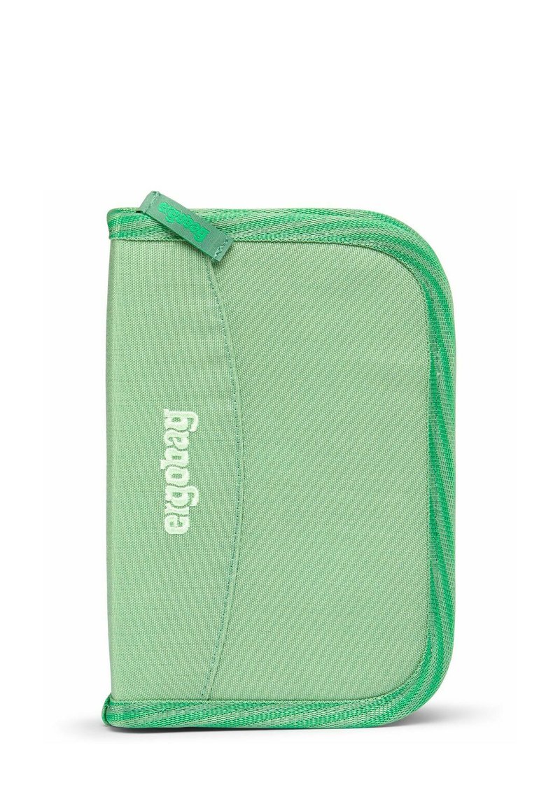 Green fabric zippered case with light green accents and ergonomic design. Features smooth texture and embossed logo on the front.