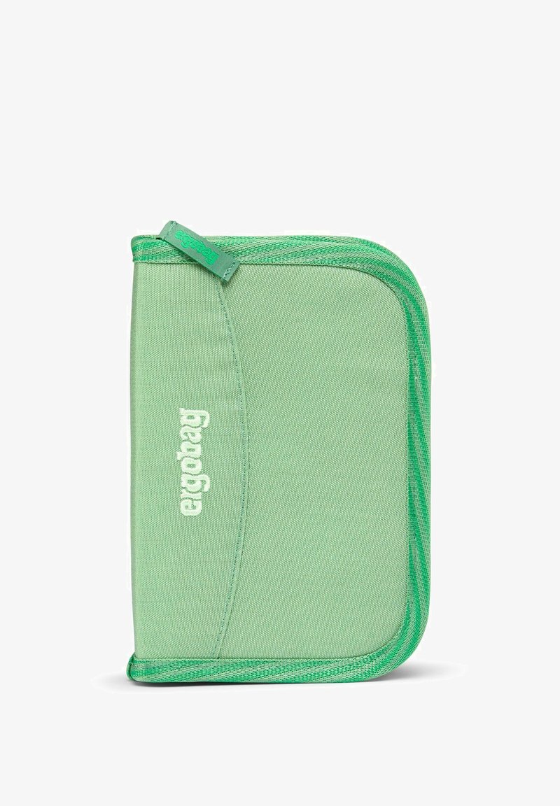 Green fabric zippered case with light green accents and ergonomic design. Features smooth texture and embossed logo on the front.