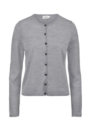 Hellgrauer Cardigan aus weichem Stoff, mit langen Ärmeln, einem Rundhalsausschnitt und schwarzen Knöpfen entlang der Vorderseite.