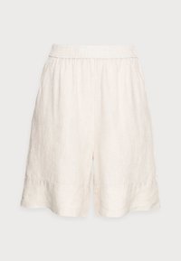 Pantaloni corti in lino di colore avorio con vita elastica e vestibilità comoda. Presentano un orlo semplice senza tasche né motivi.