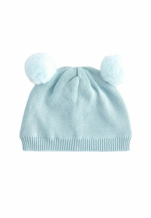 Himmelblauer Strickbeanie mit geripptem Saum und zwei fluffigen himmelblauen Pom Poms oben. Weiche Textur und lässiges Design.