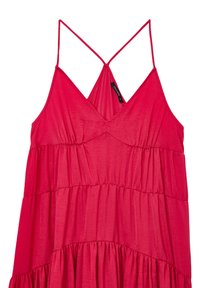 Abito rosso senza maniche con scollatura a V, design a strati e sottili spalline incrociate. Realizzato in tessuto leggero con una texture morbida.