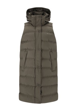 Lang, polstret vest i olivengrøn med høj krave, hætte og trykknaplukninger. Har to sidelommer og en quiltet tekstur.
