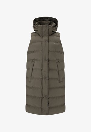 Langer, gepolsterter Weste in Olivgrün mit hohem Kragen, Kapuze und Druckknopfverschlüssen. Verfügt über zwei Seitentaschen und eine steppierte Textur.